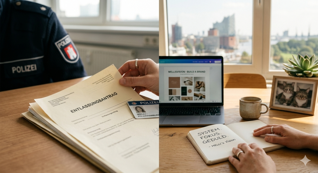 „Zweiteiliges Moodboard-Bild: Links eine Person in Polizeiuniform, die einen Entlassungsantrag und einen Dienstausweis auf einem Holztisch liegen lässt. Rechts ein heller Arbeitsplatz mit Laptop, auf dem das Logo ‚Mellisvision‘ zu sehen ist, daneben ein Notizbuch mit den Worten ‚System. Fokus. Geduld.‘ vor einem Fenster mit Blick auf die Hamburger Skyline.“